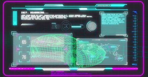 Displaying holographic scanning interface in console, with wireframe head, world Stock Illustration