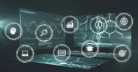 Displaying holographic screens in virtual data lab, with molecular models and 写真素材