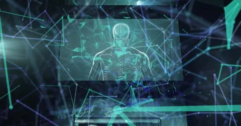 Displaying holographic skeleton scan rotating in virtual lab interface, showing Stock Photos