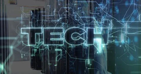 Displaying holographic 'TECH!' text floating in server room, with blinking rack Stock Photos