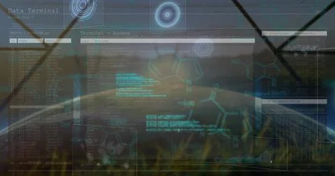 Displaying holographic terminal interface in grass field, showing code windows Stock Photos
