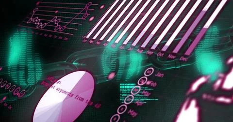 Displaying holographic UI over dark grid, showing month bars, pie chart, Stock Illustration