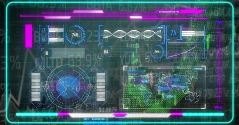 Displaying holographic UI panel showing charts at console, with world map gauge Stock Photos