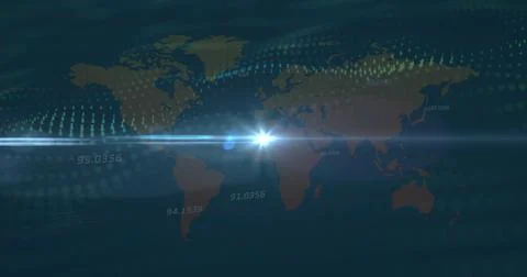 Displaying holographic world map on dashboard with data dots, numeric labels and Stock Illustration