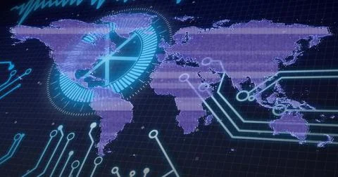 Displaying holographic world map on dashboard, showing purple scan bands, Stock Photos