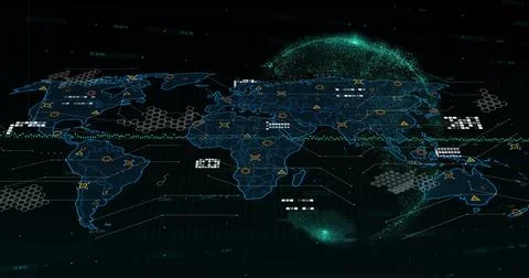 Displaying holographic world map floating on control dashboard, with translucent Illustrazione stock