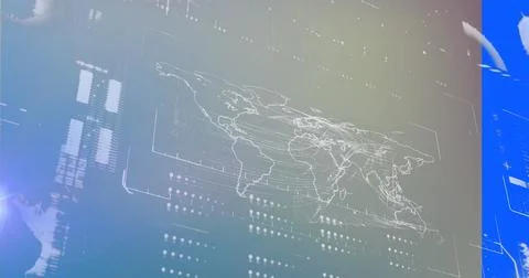 Displaying holographic world map hovering over console, with grid lines lat or Stock Photos