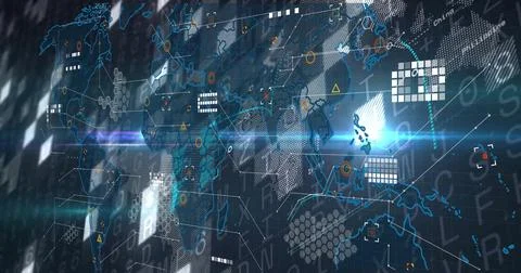 Displaying holographic world map interface in control center, with hexagon Illustrazione stock