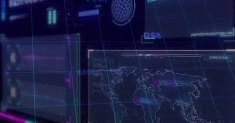 Displaying holographic world map panel in virtual control room, showing gridl Illustrazione stock