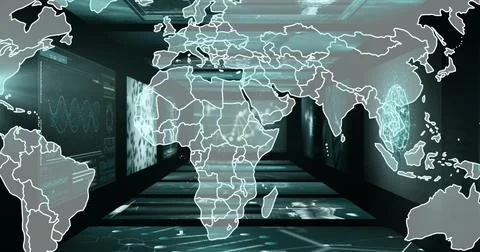 Displaying holographic world map projection in high-tech control hub, with Illustrazione stock