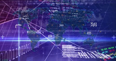 Displaying holographic world map in virtual interface, with neon gridlines and Illustrazione stock