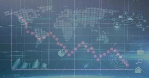 Displaying holographic world map in virtual presentation space, with pink trend Stock Illustration