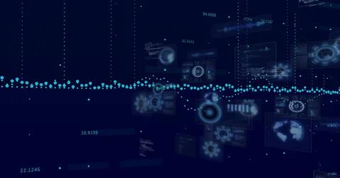 Displaying horizontal cyan wave running across virtual dashboard, with HUD Foto stock