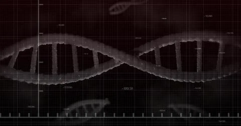 Displaying horizontal DNA double helix on console screen, with grid, scale ma Stock Illustration