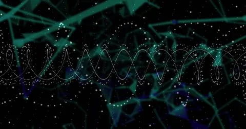Displaying horizontal dotted sine-wave in virtual space, with polygonal network Foto stock