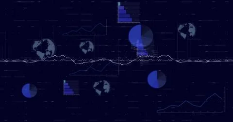 Displaying horizontal dotted waveform across navy HUD center, linking pie, bar, Stock Illustration