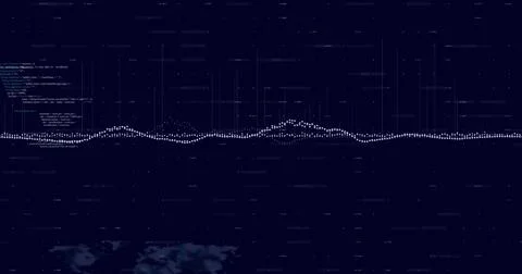 Displaying horizontal dotted waveform pulsing across dark navy data dashboard Stock Illustration