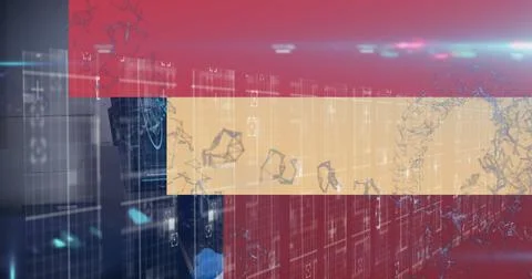 Displaying horizontal red and yellow bars over server grid, with wireframe Stock Photos