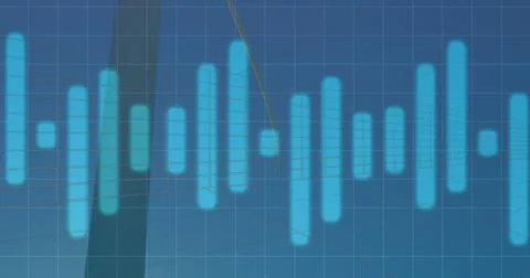 Displaying horizontal waveform featuring glowing cyan bars on data screen, grid Stock Photos