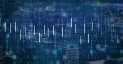Displaying horizontal waveform pulsing across downtown at dusk, with vertical Ilustración de archivo