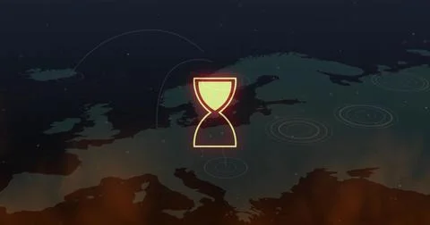 Displaying hourglass icon marking countdown over Europe map, with data arcs and 스톡 일러스트