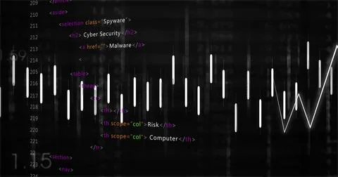 Displaying HTML code and data visuals on dark screen, showing white bars and 库存照片