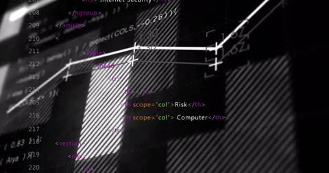 Displaying HTML code and line chart overlay on dark monitor at desk, showing Stock Illustration