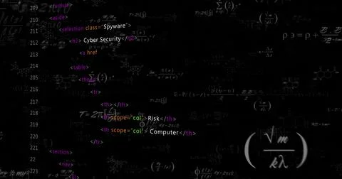 Displaying HTML code and math formulas on black screen, with Spyware class tags Stock Photos