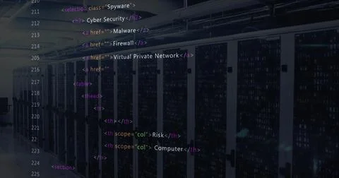 Displaying HTML code overlay floating across data center corridor, with black Foto stock
