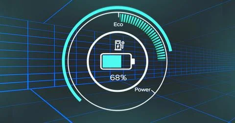 Displaying HUD battery 68% with concentric rings, plug icon, Eco Power labels in Stock Illustration