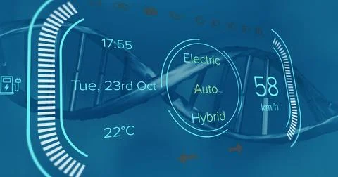 Displaying HUD centered in AR vehicle dash, showing drive-mode selector, 58km or Stock Illustration