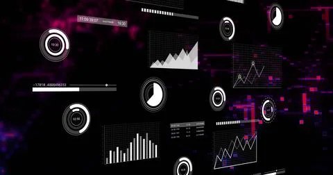 Displaying HUD centered in virtual space, showing grid panels, gauges, slider, Stock Photos