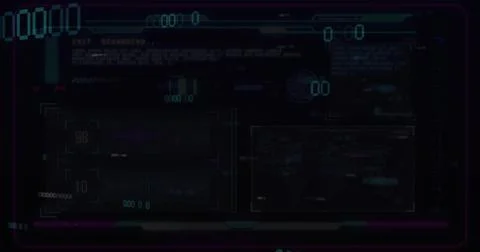 Displaying HUD on dark panel, with grid readouts, world map, globe, code Stock Illustration