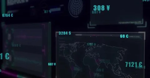 Displaying HUD data panels showing dotted world map and dollar, yen readouts on 스톡 일러스트