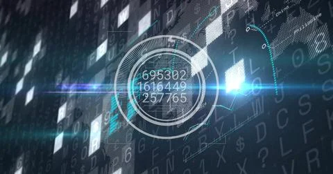 Displaying HUD element hovering over code grid in cyber scene, with numbers, Stock Illustration