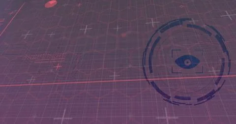 Displaying HUD on hex-grid UI with eye icon, horizontal scan line and plus-sign Stock Photos
