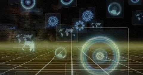 Displaying HUD hovering over grid in simulation, with charts and holographic 写真素材