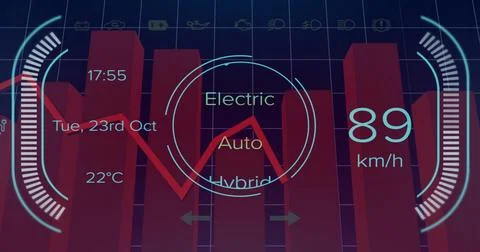 Displaying HUD interface on dark navy grid, showing circular gauge with red Stock Illustration