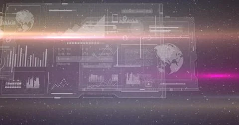 Displaying HUD interface projecting bar and line charts with globe icons and  Stock Photos