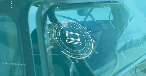 Displaying HUD with laptop icon inside helicopter cockpit, highlighting contr Stock Photos