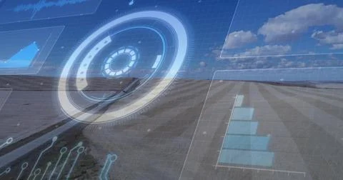 Displaying HUD overlay mapping plowed fields from above, showing concentric Stock Photos