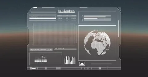 Displaying HUD panel over distant horizon, showing dotted globe grid bars wav Illustrazione stock