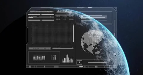 Displaying HUD panel over planet limb, showing grid, pixel globe, sliders, Illustrazione stock