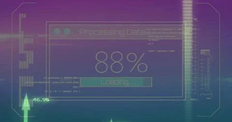 Displaying HUD panel showing Processing Data and 88% on purple-teal backdrop, Foto stock