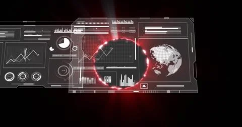 Displaying HUD panel spanning center across black void, showing red energy ring, Stock Illustration