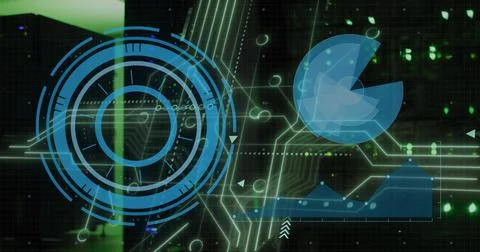 Displaying HUD, pie chart, line graph, circuitry in control center, person Stock Illustration
