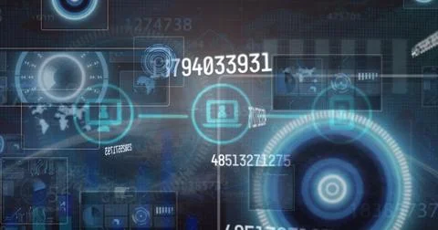 Displaying HUD pulsing on digital interface, with numeric IDs, world map, laptop Foto stock