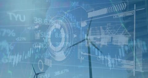 Displaying HUD showing financial data, gear icon, house blueprint icon on wind Stock Photos
