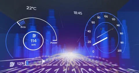 Displaying HUD in simulation, showing Eco Power gauge, range, battery bar, Stock Illustration