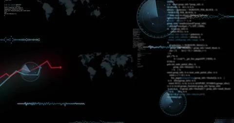 Displaying HUD-style digital interface animating on dark display, with radar Stock Photos